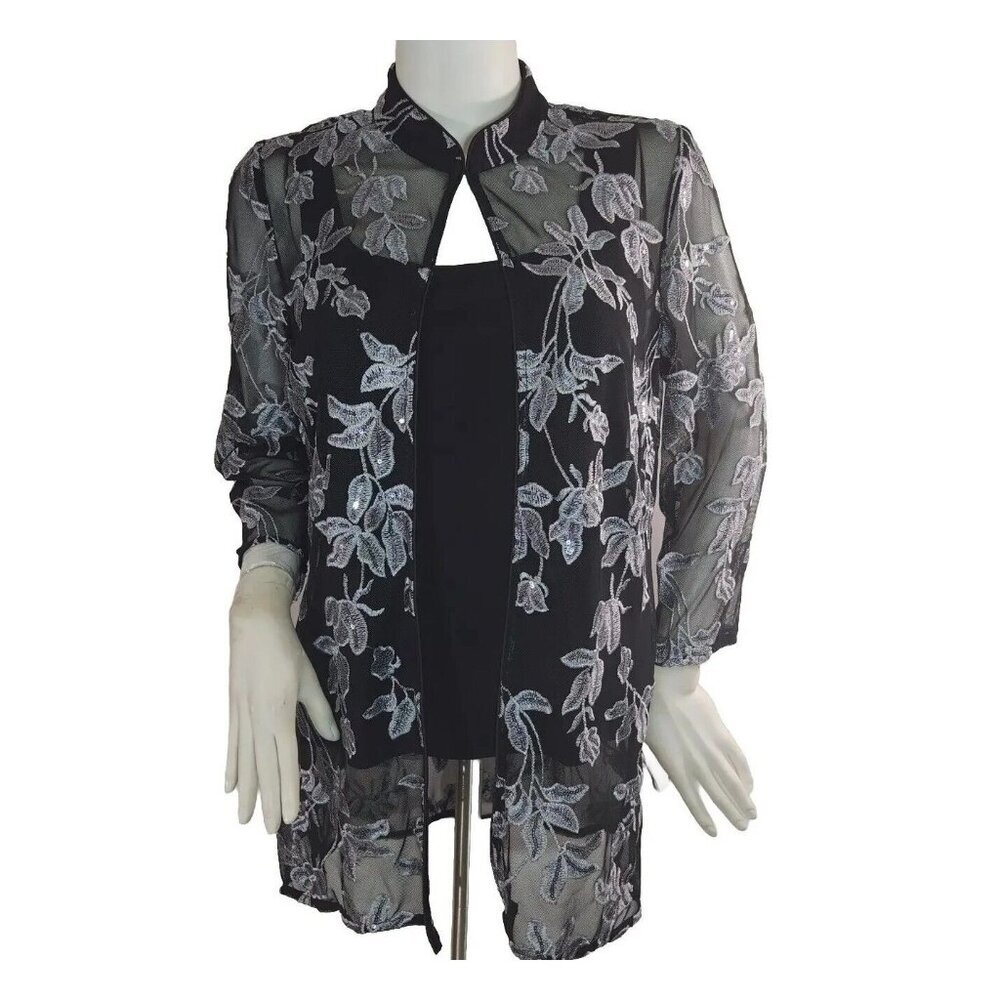 Alex Evenings Women Black Top Twinset Embroidered 3/4 Sleeve Mock Neck Size S 10